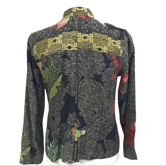 Citron Santa Monica Small 100% Silk Blouse Leaf Pattern Long Sleeve. - Picture 3 of 11